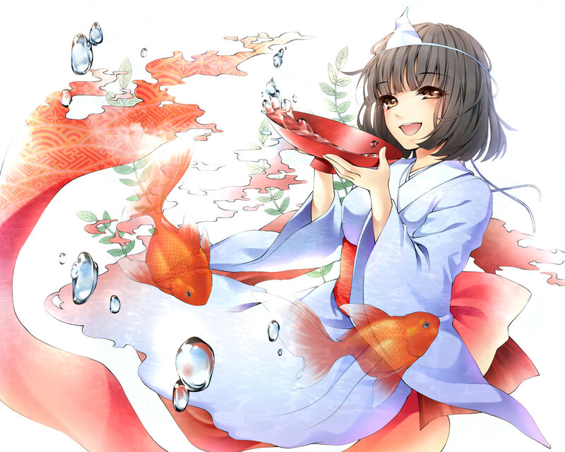 Anime Girl with Koi Fish — Blue