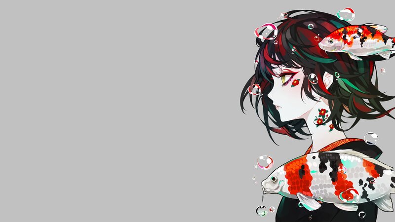 Anime Girl with Koi Fish — Gray