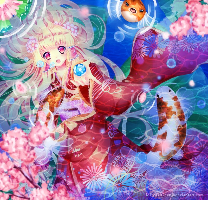 Anime Girl with Koi Fish — Red