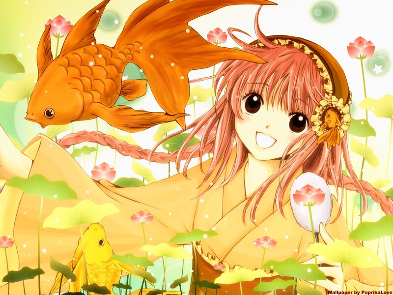 Anime Girl with Koi Fish — Yellow, Serene