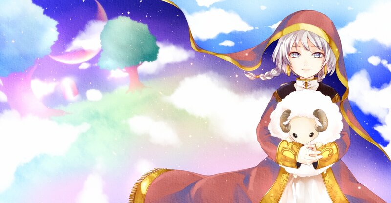 anime girl with lamb in sky