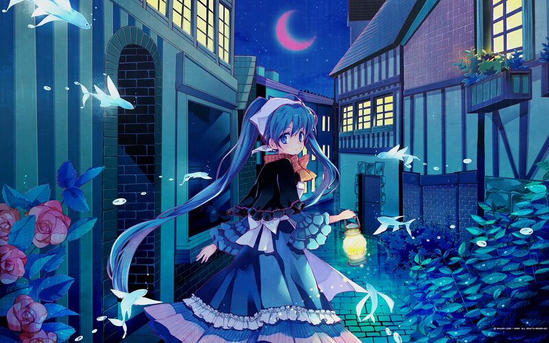 anime girl with lantern at night