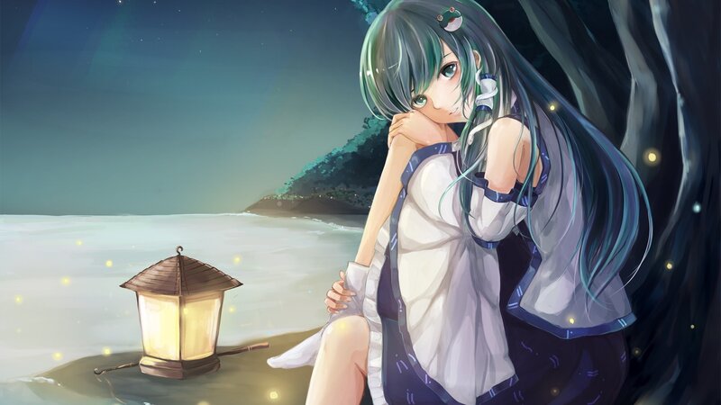 Anime girl with lantern at night