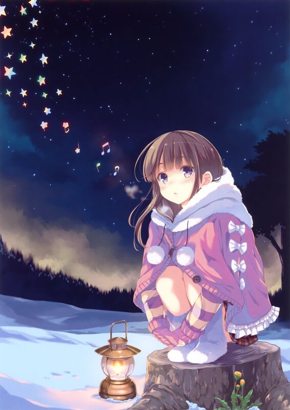 Anime girl with lantern at night