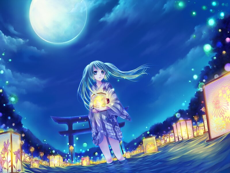 Anime girl with lantern at night