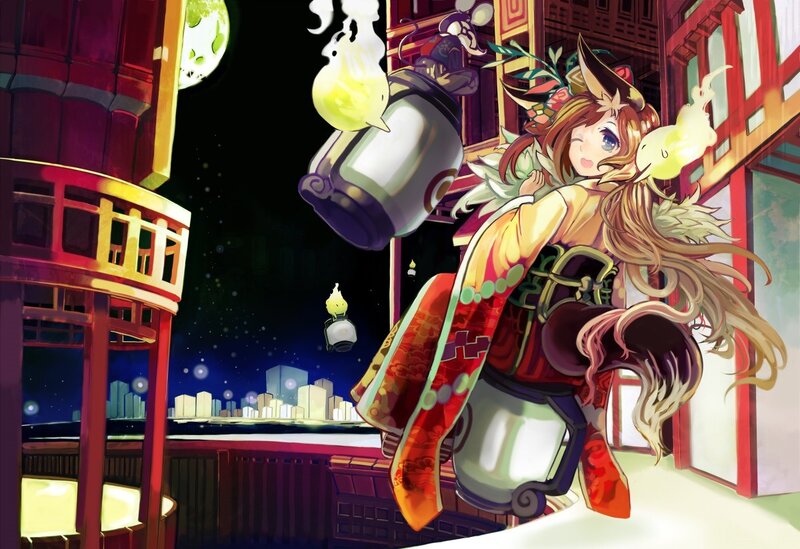 Anime girl with lantern at night