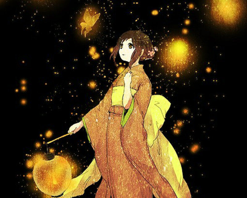 Anime Girl with Lantern — Black, Serene, Night, Fireflies