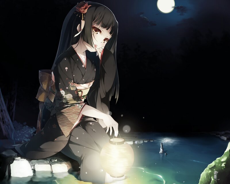 Anime Girl with Lantern — Black, Serene, Night