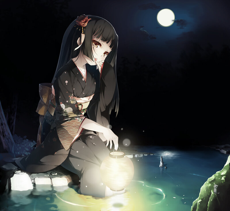Anime Girl with Lantern — Black, Serene