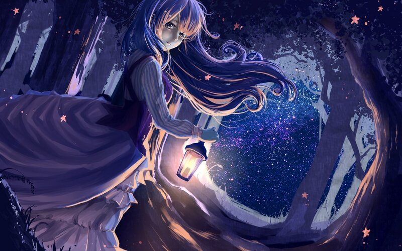 Anime Girl with Lantern — Blue, Mysterious