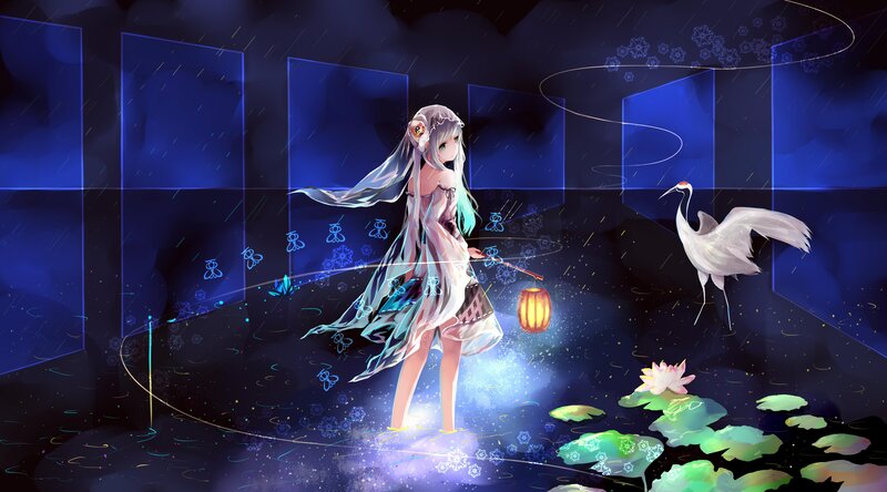 Anime Girl with Lantern — Blue, Serene, Night, Digital Art, Crane