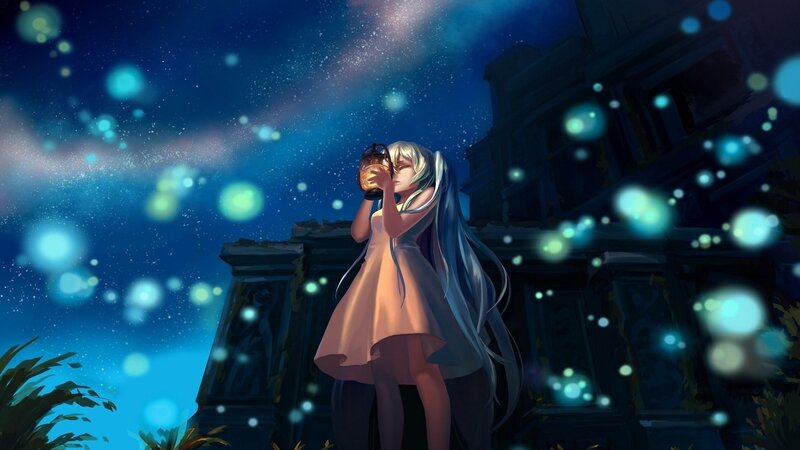 Anime Girl with Lantern — Blue, Serene, Night, Digital Art, Fireflies