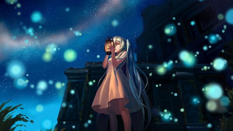 Anime Girl with Lantern — Blue, Serene, Night, Digital Art, Glowing Orbs
