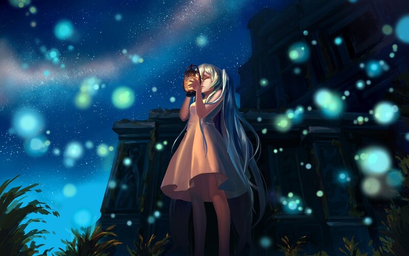 Anime Girl with Lantern — Blue, Serene, Night, Digital Art, Ruins, Fireflies