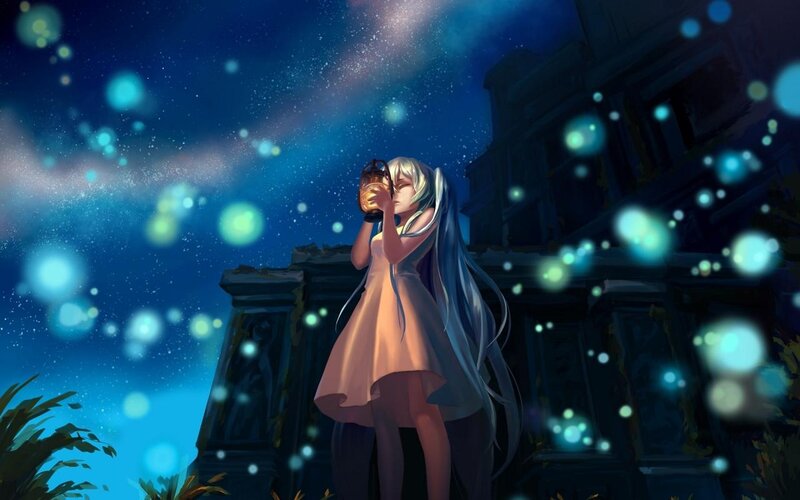 Anime Girl with Lantern — Blue, Serene, Night