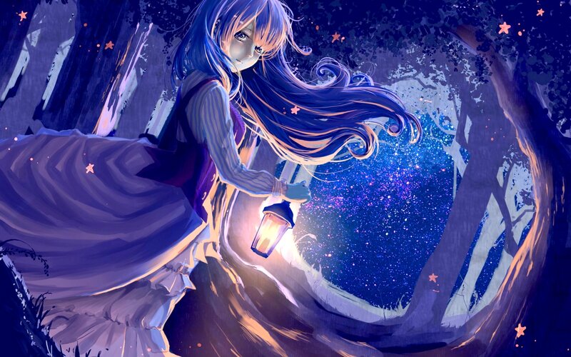 Anime Girl with Lantern — Blue, Serene