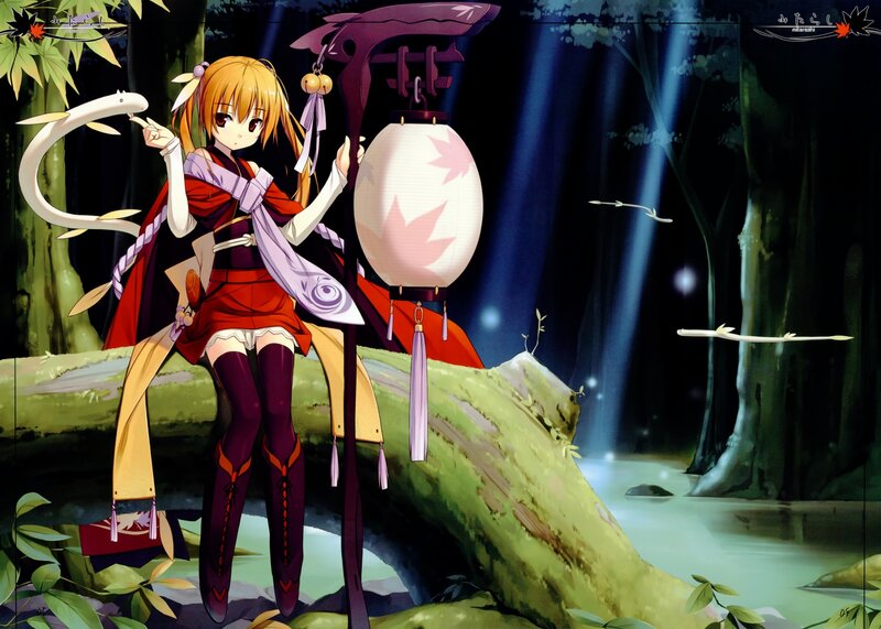 Anime girl with lantern in forest