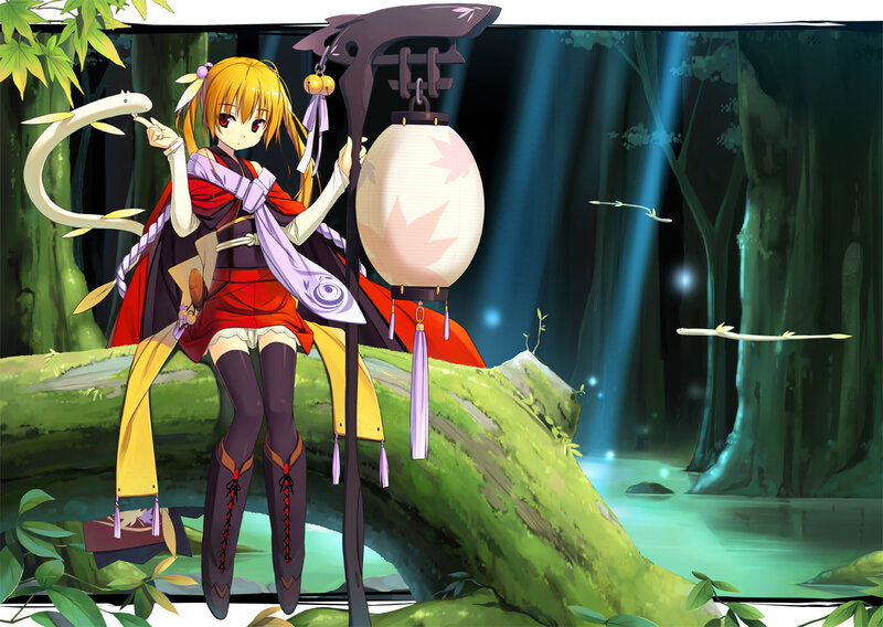 Anime girl with lantern in forest