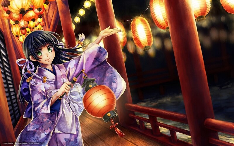 Anime Girl with Lantern — Purple, Festive, Night