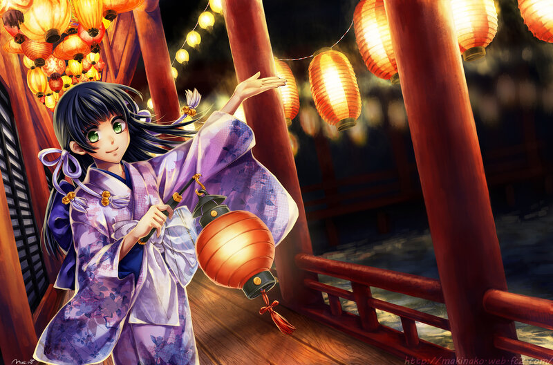 Anime Girl with Lantern — Purple, Festive