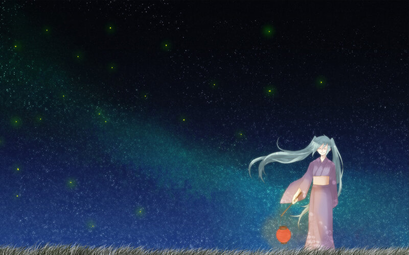 Anime Girl with Lantern — Purple, Serene, Night, Digital Art