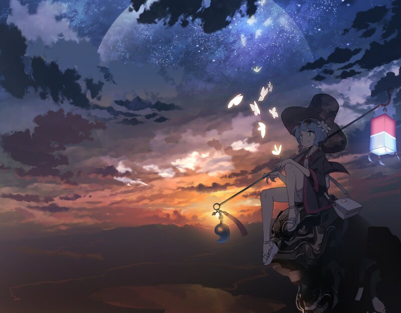 Anime Girl with Lantern — Purple, Serene, Sunset