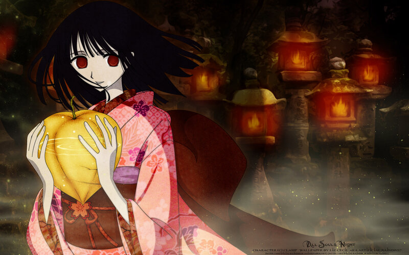 Anime girl with lanterns at night