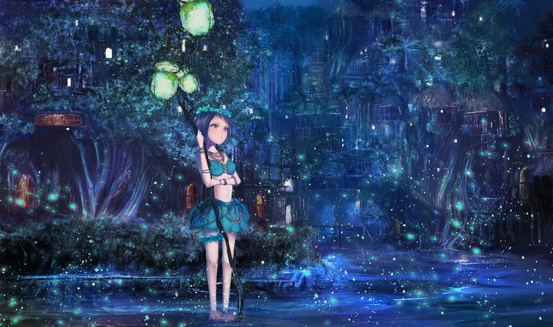 Anime Girl with Lanterns — Blue, Serene, Night