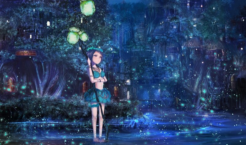 Anime Girl with Lanterns — Blue, Serene