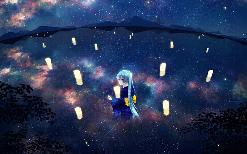 Anime Girl with Lanterns — Blue