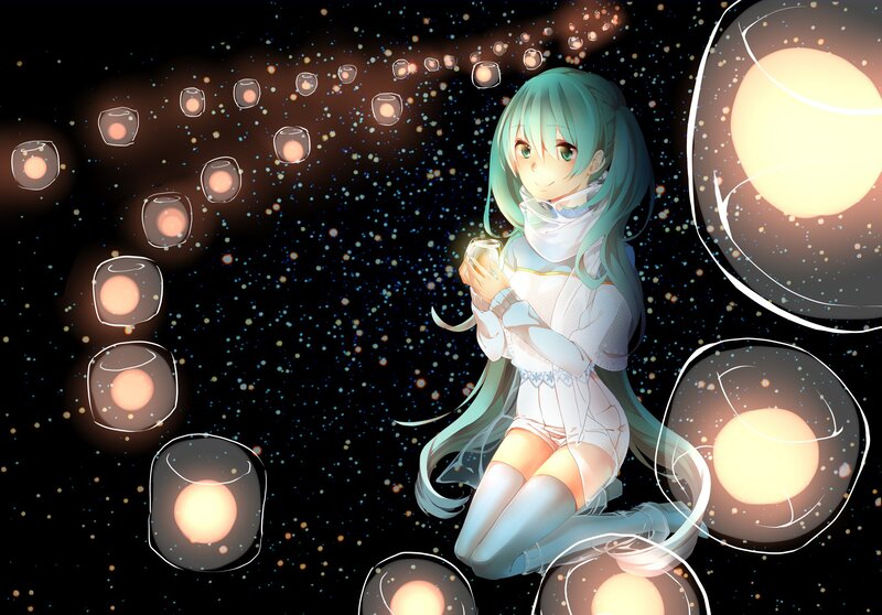 Anime girl with lanterns in space