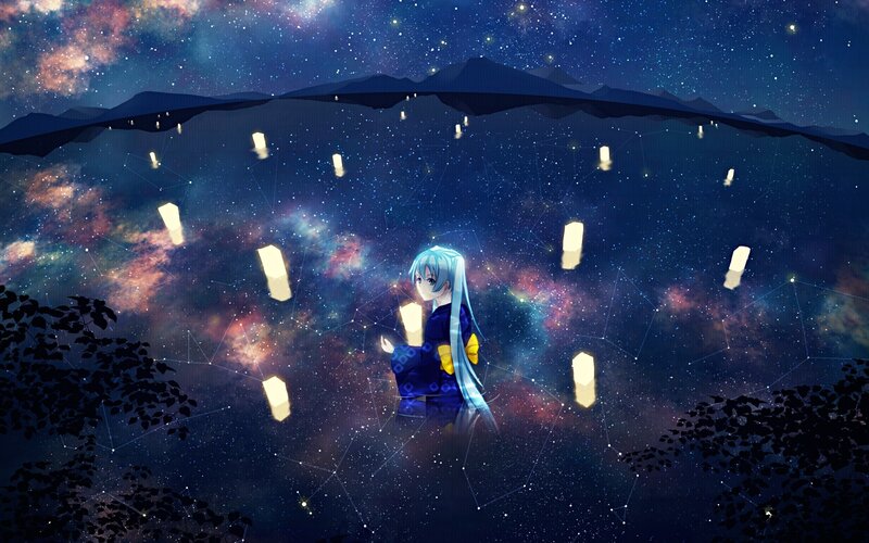 Anime girl with lanterns in space