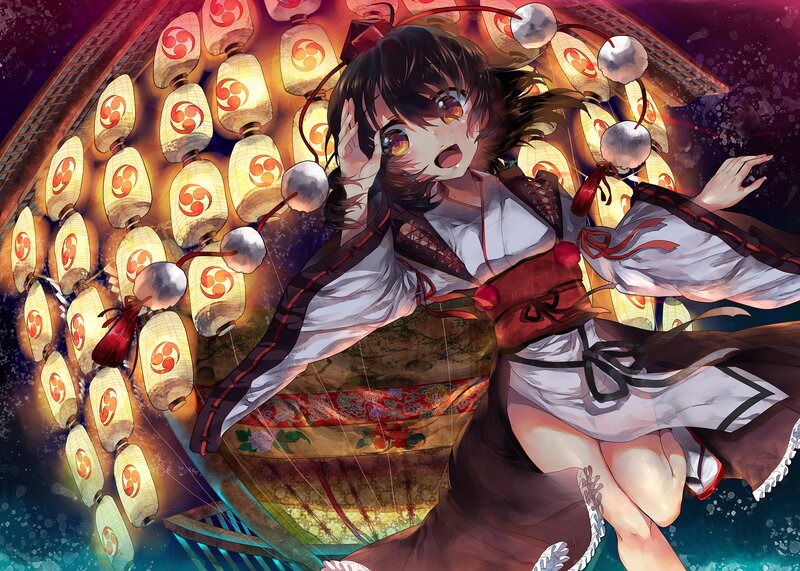 Anime Girl with Lanterns — Red, Dramatic, Night, Digital Art