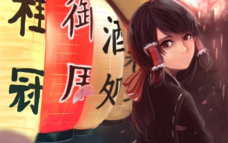 Anime Girl with Lanterns — Red, Dramatic, Night