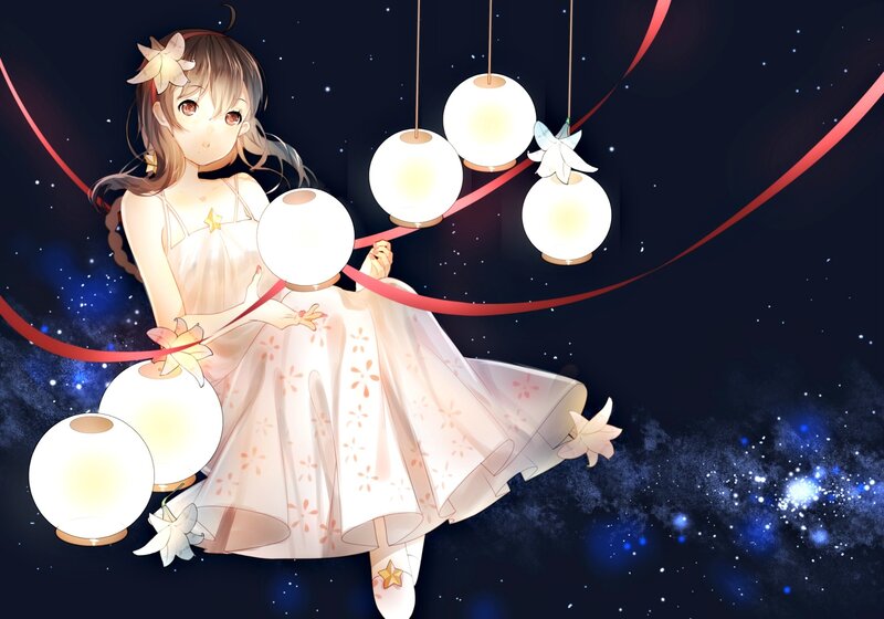 Anime Girl with Lanterns — White, Serene, Night