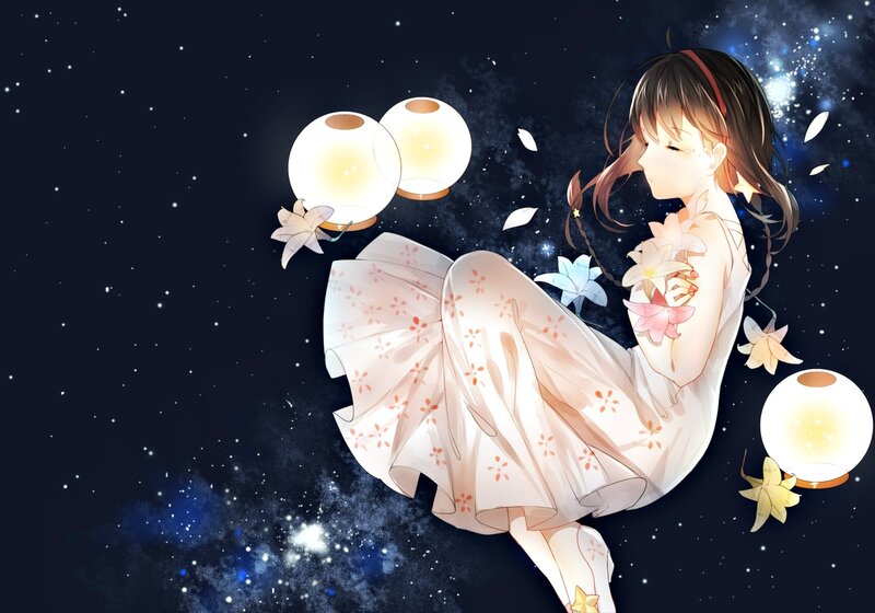 Anime Girl with Lanterns — White, Serene