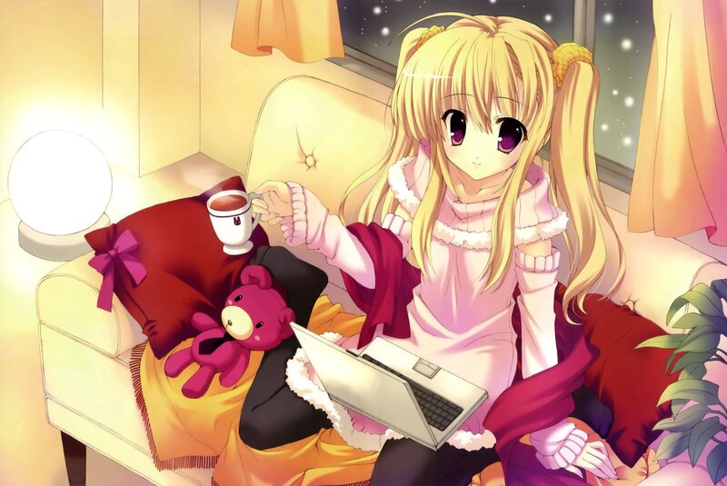 Anime girl with laptop and tea