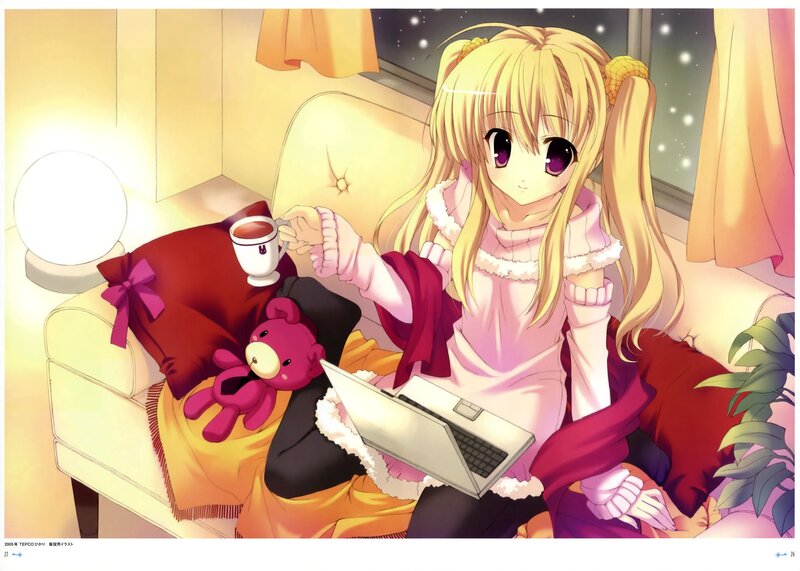 Anime girl with laptop and tea