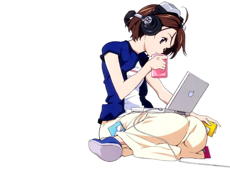 Anime Girl with Laptop — Blue, Relaxed, Headphones