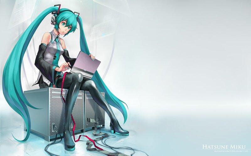 Anime Girl with Laptop — Cyan, Calm