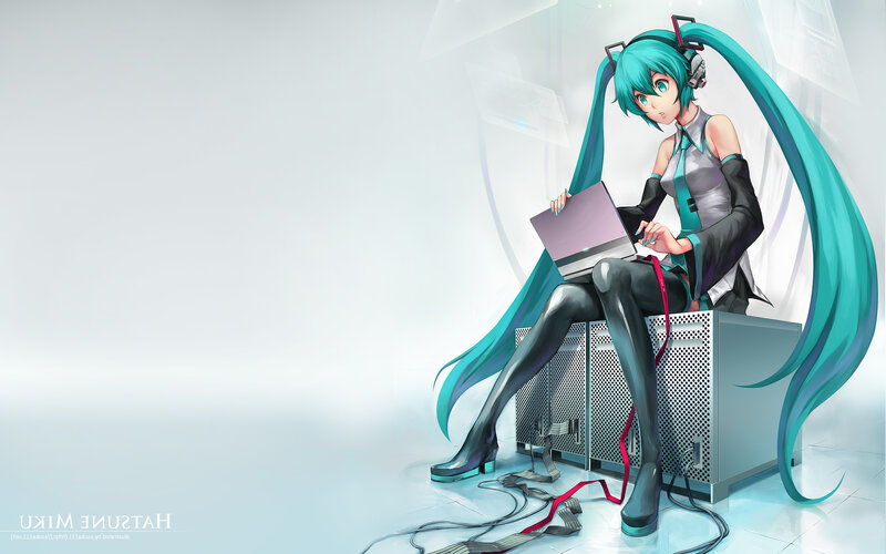 Anime Girl with Laptop — Cyan