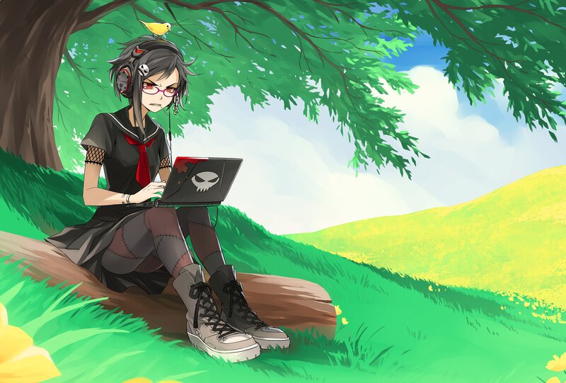 Anime Girl with Laptop — Green