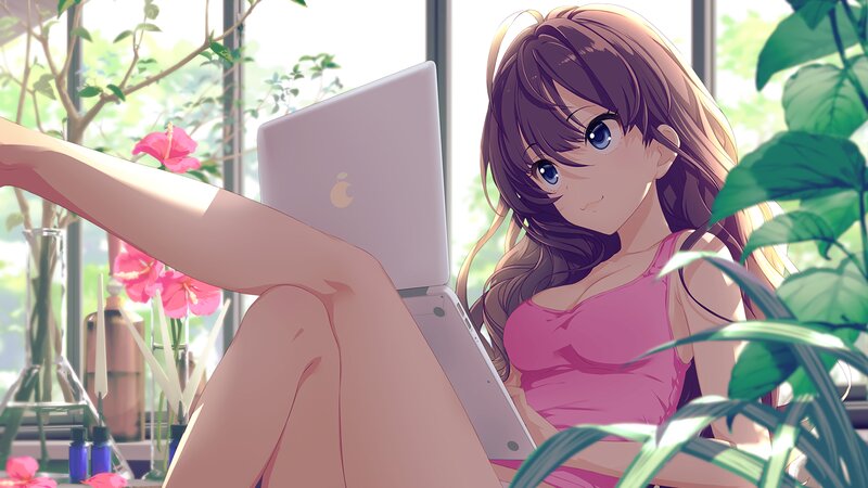 Anime Girl with Laptop — Pink, Calm, Afternoon