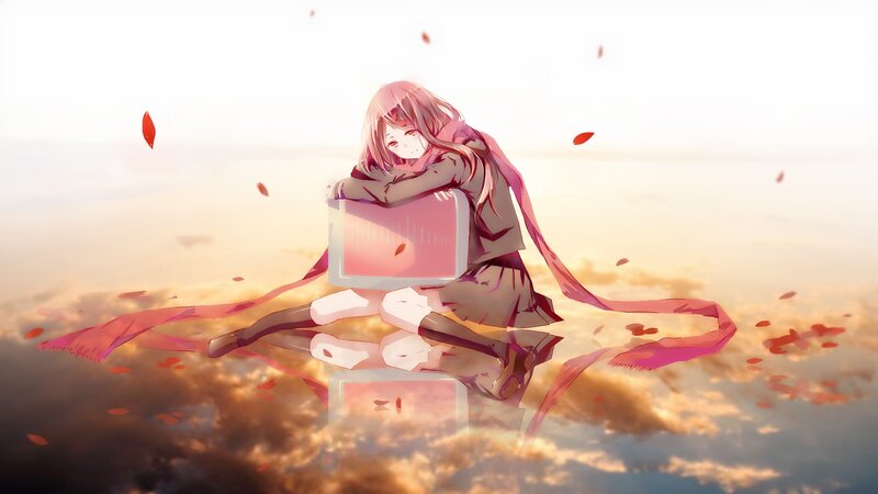 Anime Girl with Laptop — Pink, Serene