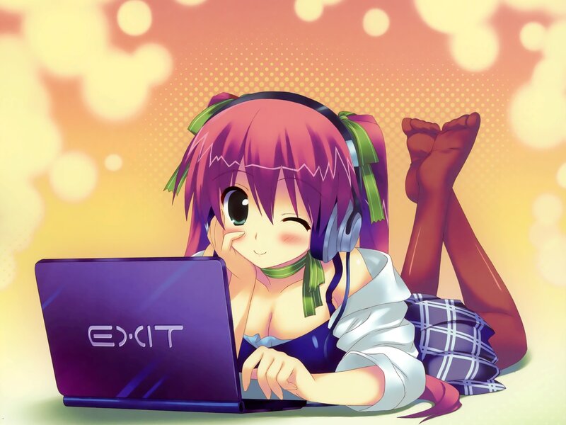 Anime Girl with Laptop — Purple, Playful, Sunset
