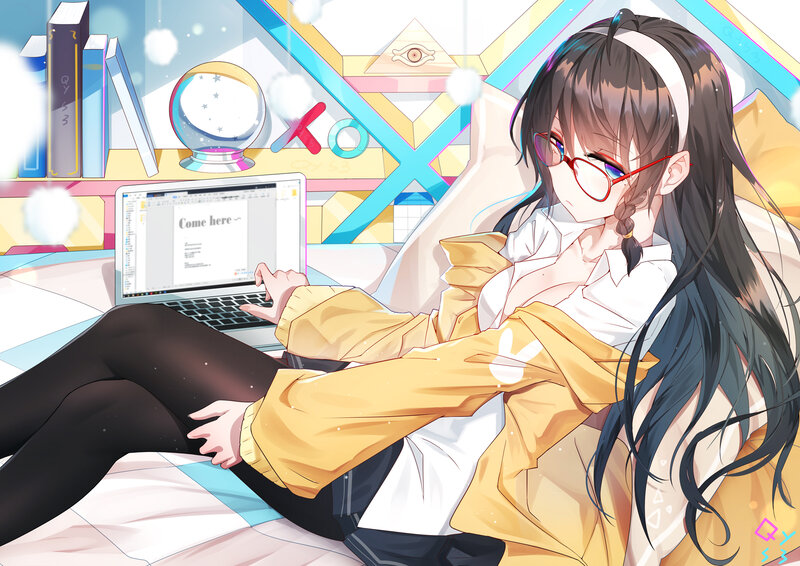 Anime Girl with Laptop — Yellow, Calm