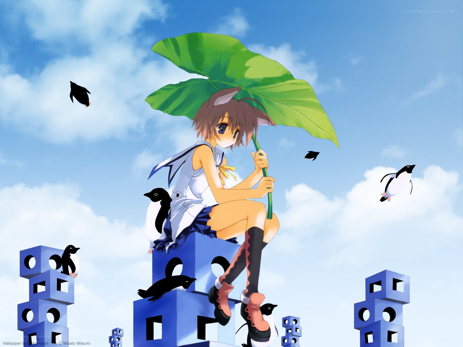 Anime girl with leaf umbrella