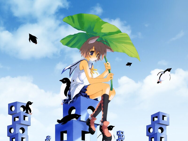 Anime Girl with Leaf Umbrella — Blue, Serene, Afternoon, Digital Art