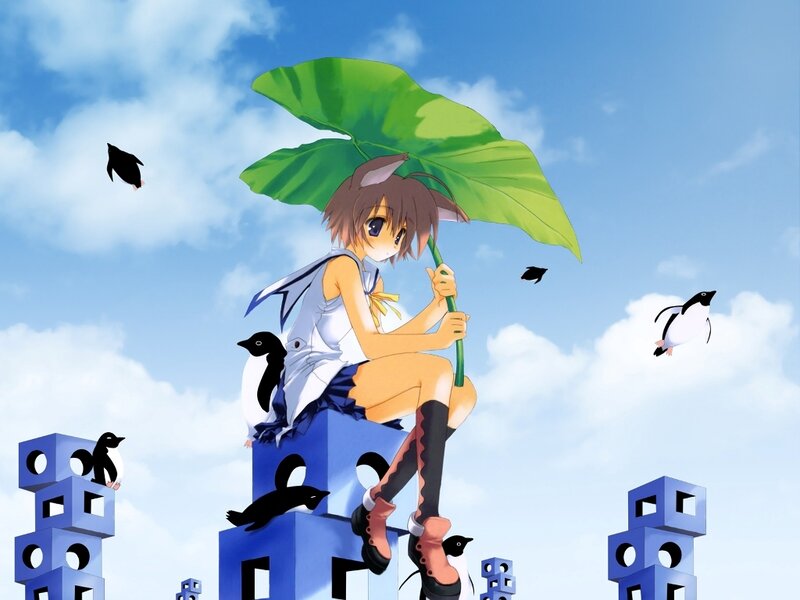 Anime Girl with Leaf Umbrella — Blue