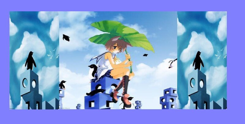Anime Girl with Leaf Umbrella — Blue, Whimsical